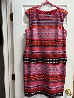 RM LL Vibrant Pink Red Purple Multicolor Geometric Pattern Sheath Dress Size 16
